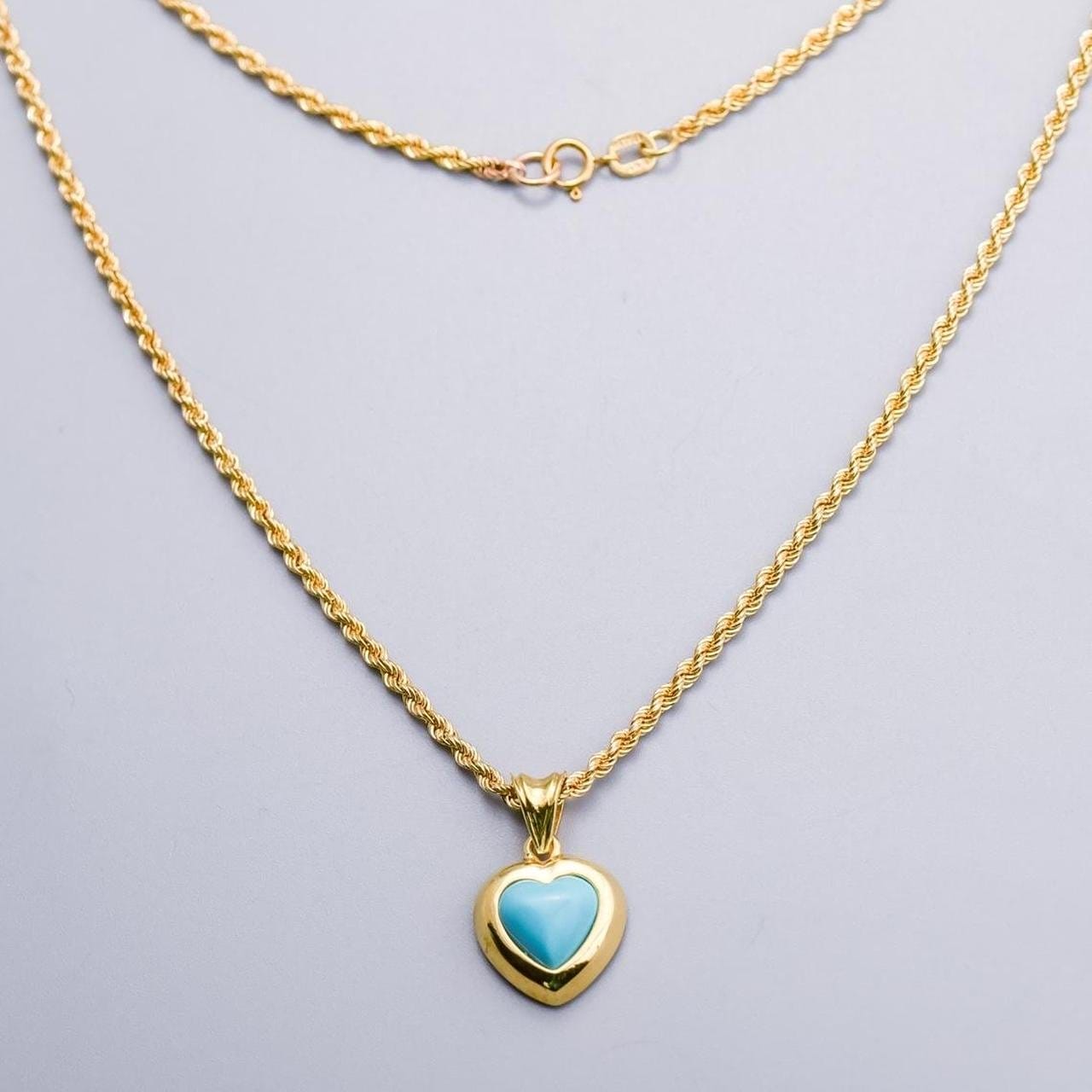 Solid 9K & 14K Gold Turquoise Heart Pendant Necklace