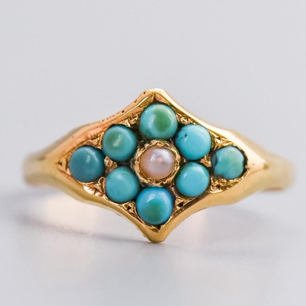 15K Gold Victorian Turquoise & Pearl Ring