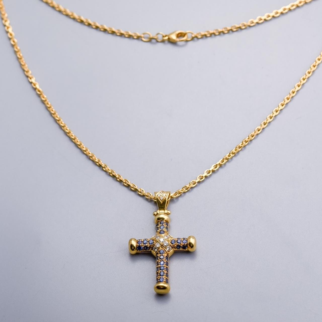18K Gold Sapphire and Diamond Cross Pendant Necklace