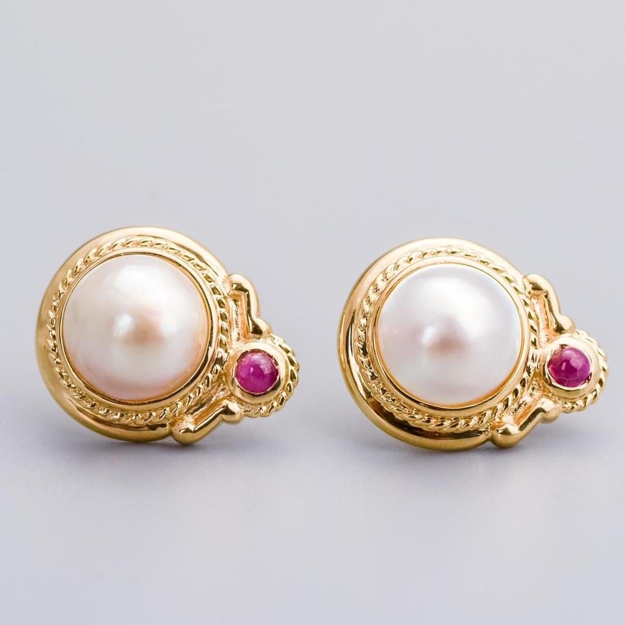 9K Gold Mabe Pearl & Ruby Earrings