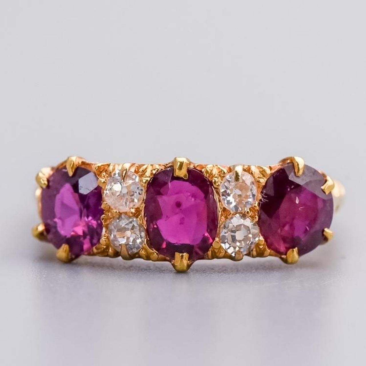 18K Gold Edwardian Ruby & Diamond Carved Half Hoop Ring
