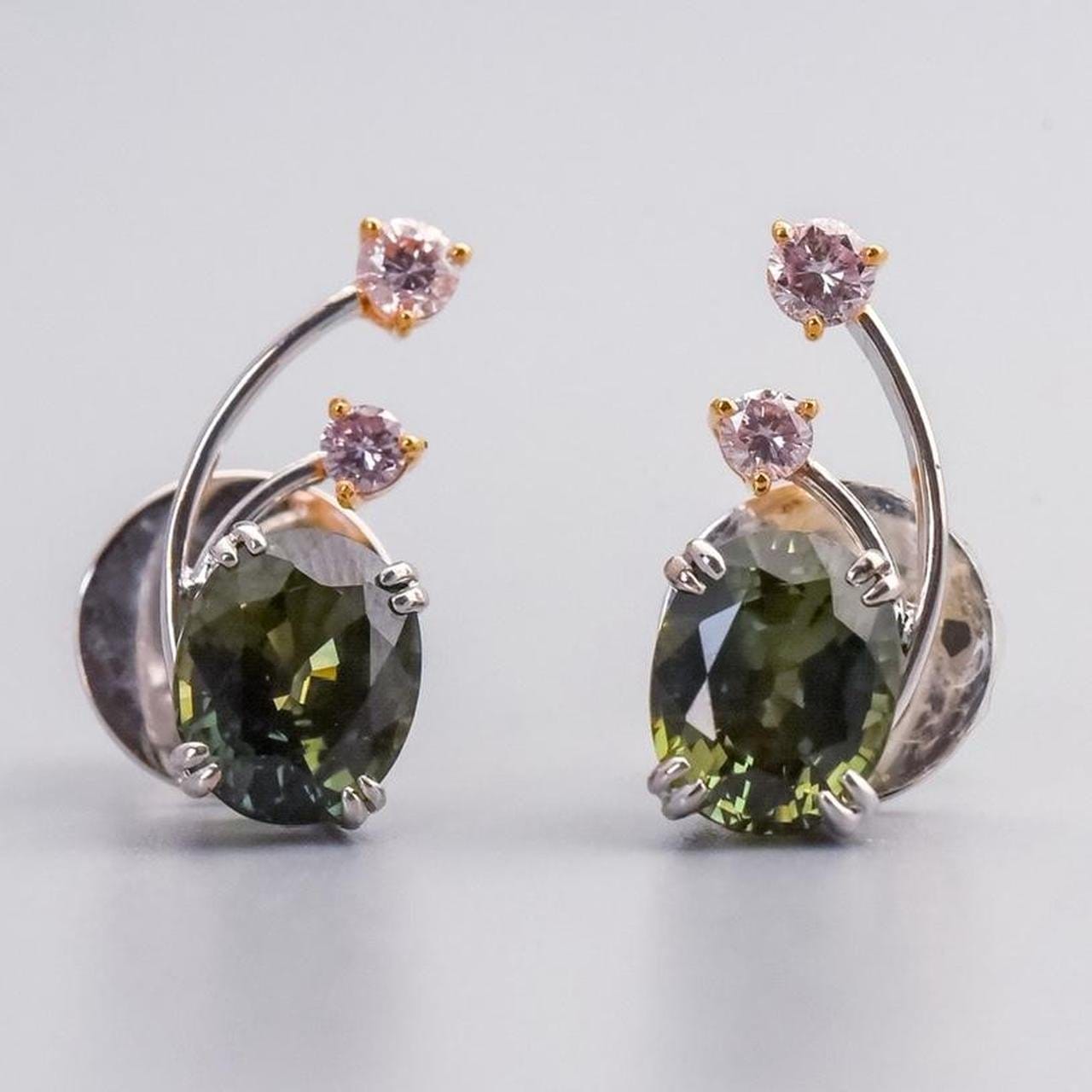 18K White Gold Green Sapphire & Pink Diamond Earrings