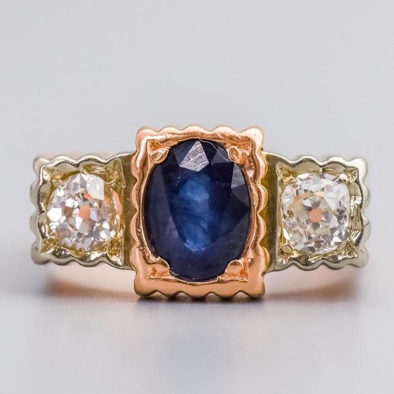 18K Gold Antique Sapphire & Diamond Trilogy Ring