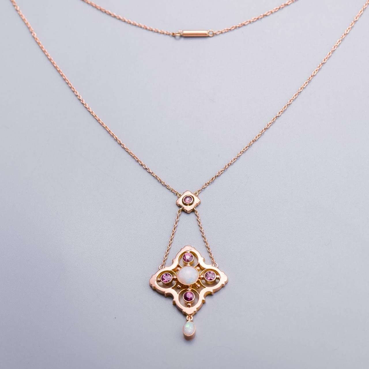 9K Rose Gold Antique Opal and Pink Tourmaline Lavalier Necklace