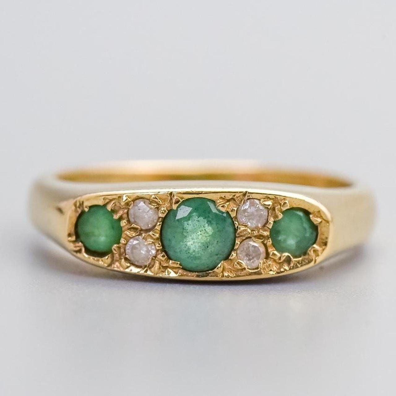 9K Gold Seven Stone Emerald & Diamond Ring
