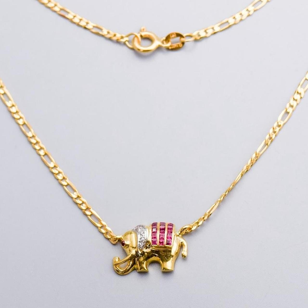 18K Gold Ruby & Diamond Elephant Necklace