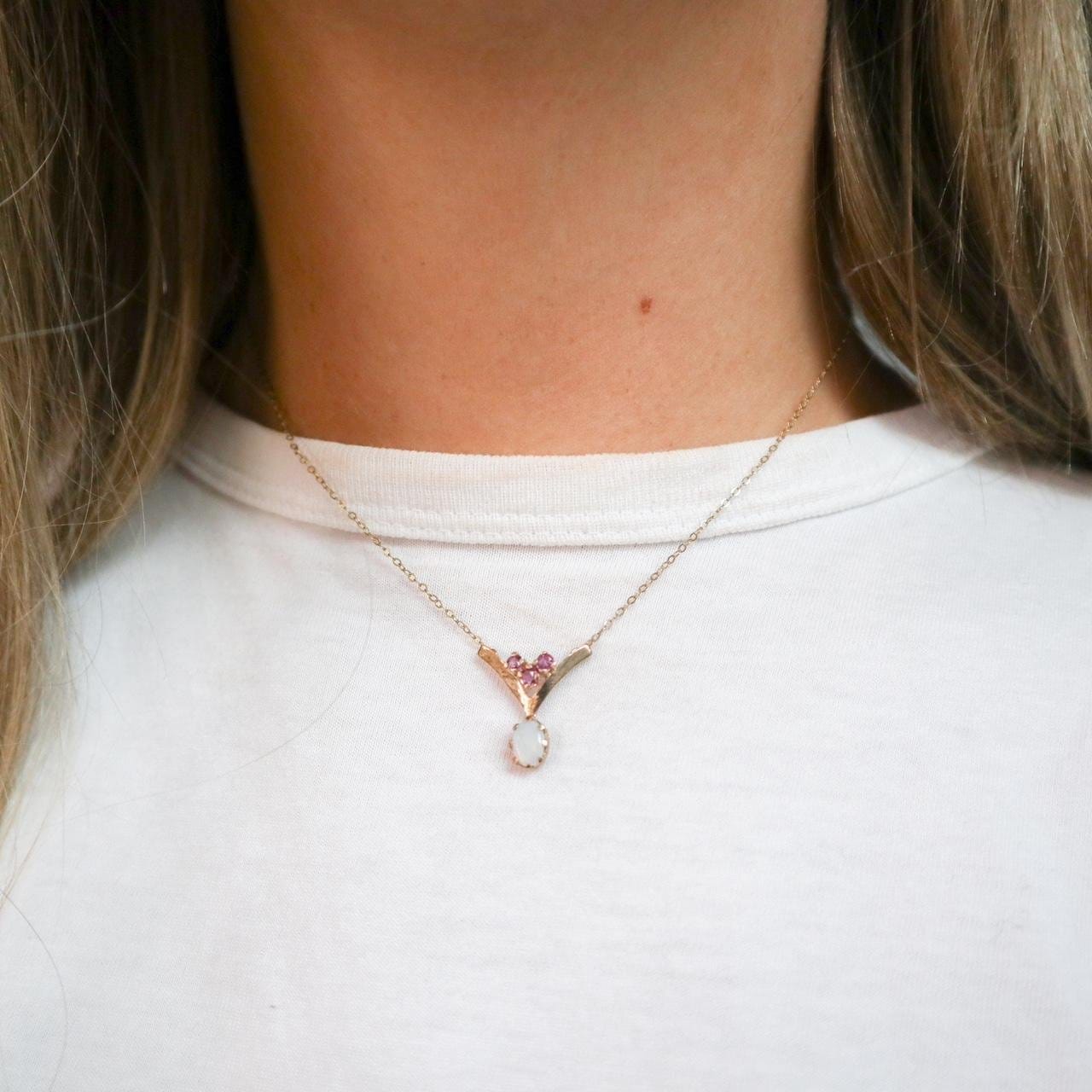 9K Gold Opal and Ruby Y-Drop Pendant Necklace
