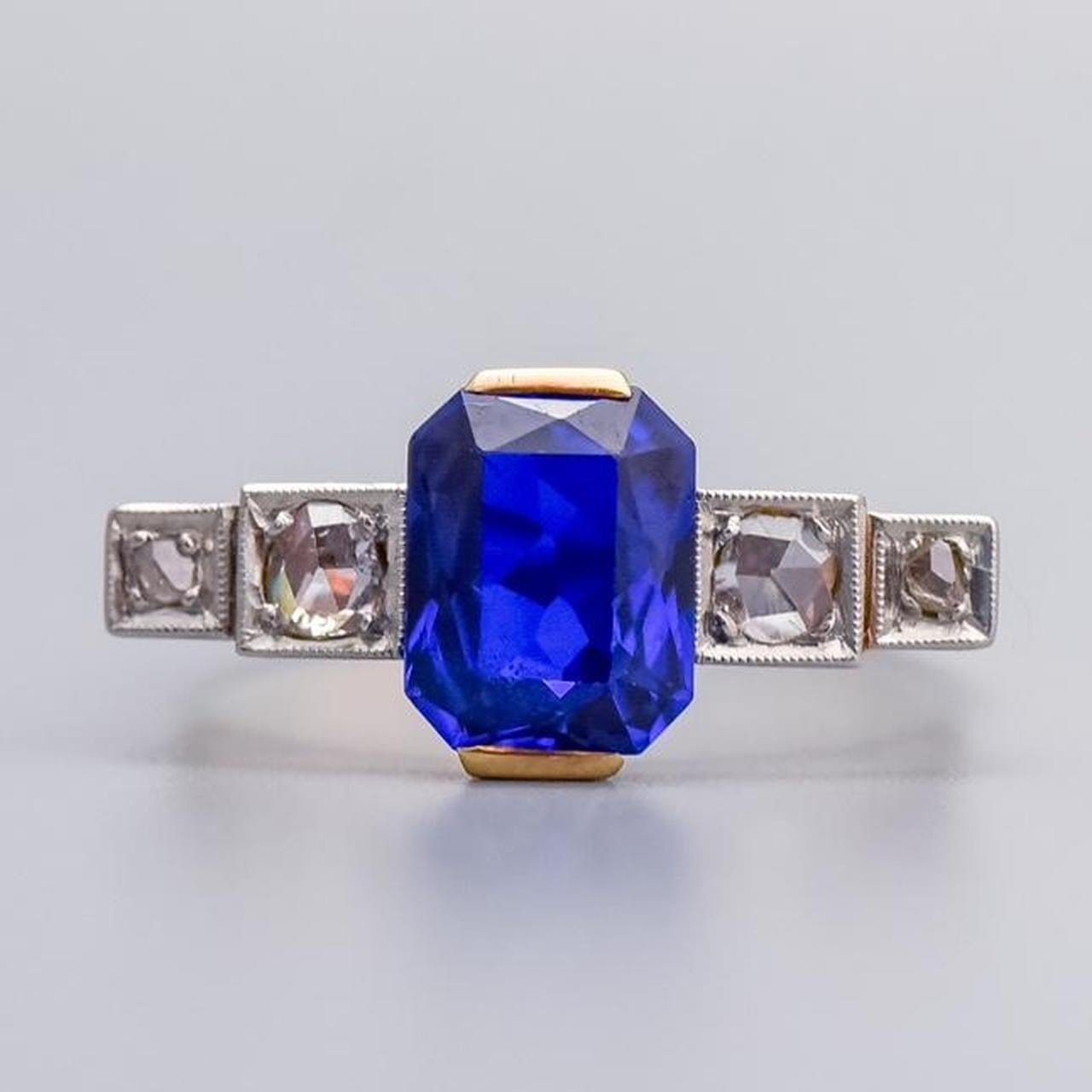 18K Gold Art Deco Sapphire Paste and Diamond Ring