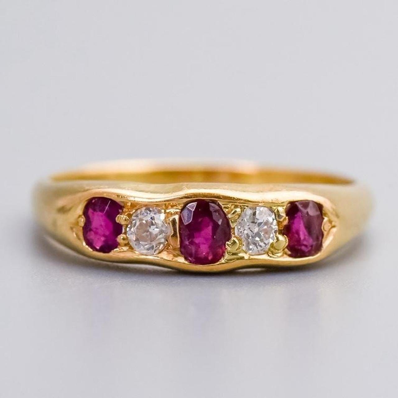 18K Gold Antique Five Stone Ruby & Diamond Ring