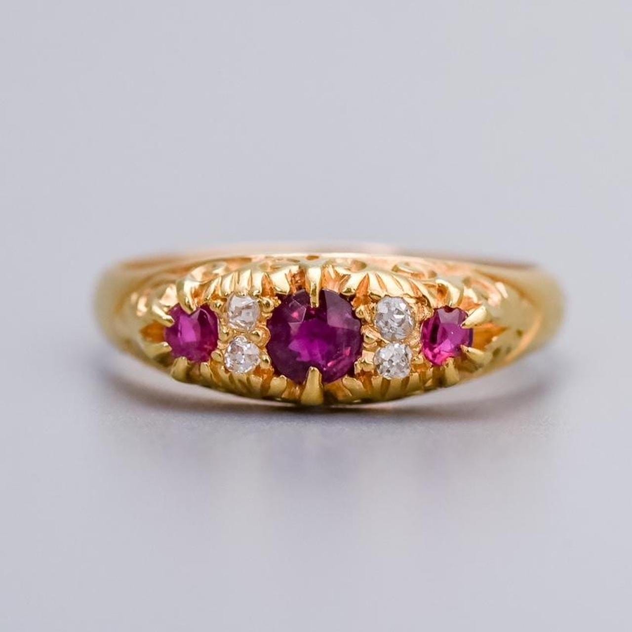 18K Gold Antique Ruby and Diamond Boat Ring