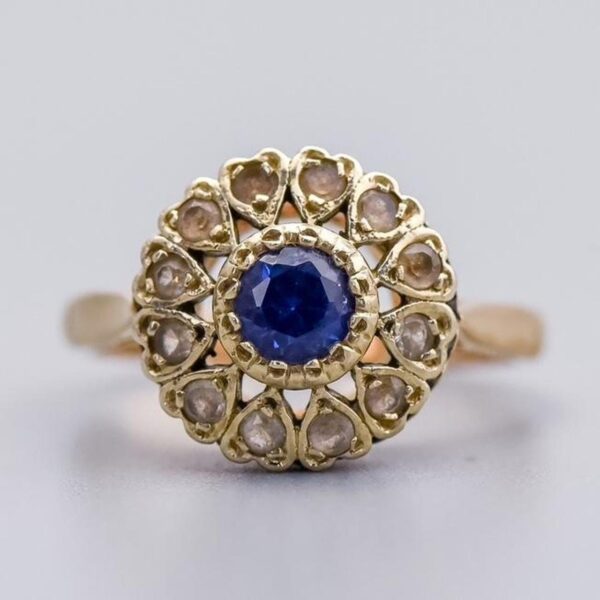 9K Gold Sapphire and CZ Ring