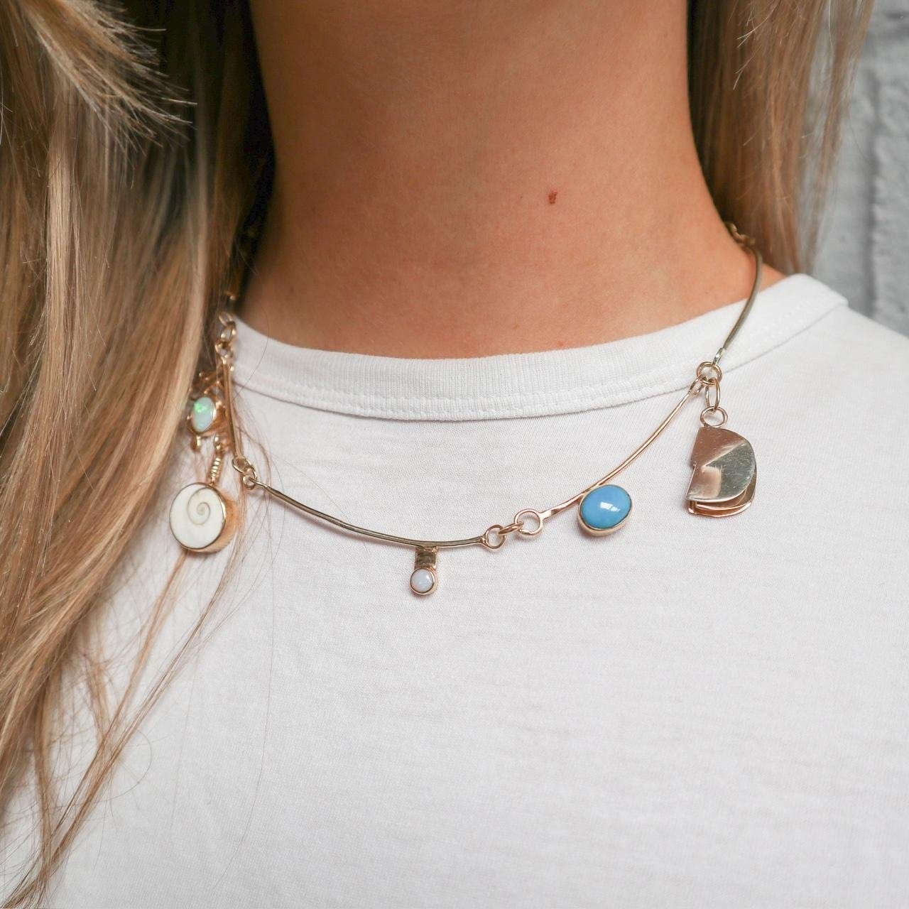 9K Gold Abstract Turquoise, Opal & Eye of Shiva Necklace