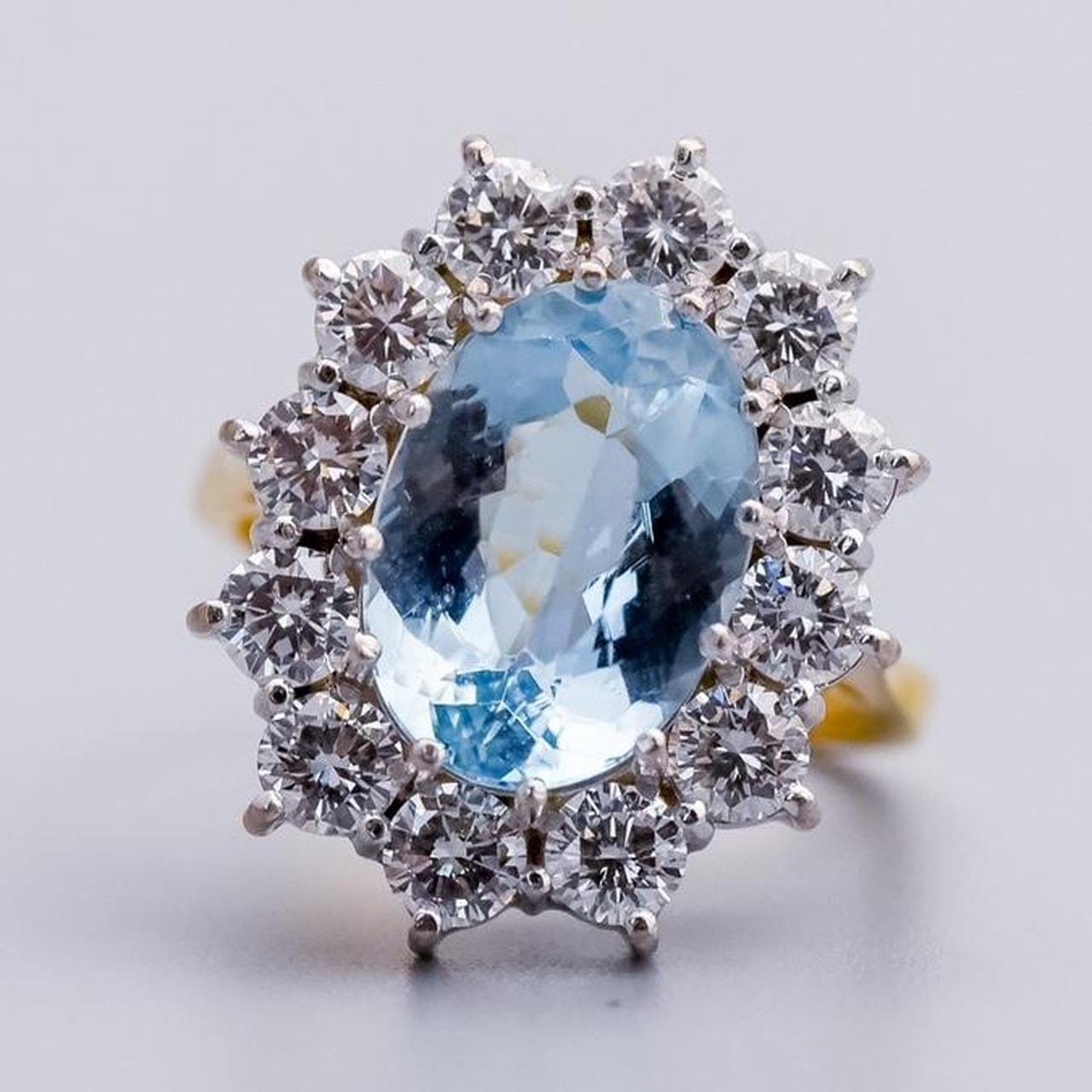 18K Gold Aquamarine and Diamond Cluster Ring