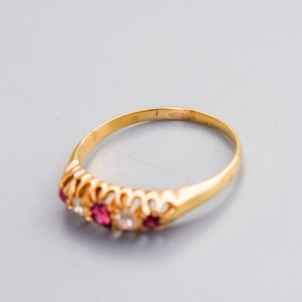 18K Gold Antique Five Stone Ruby & Diamond Ring