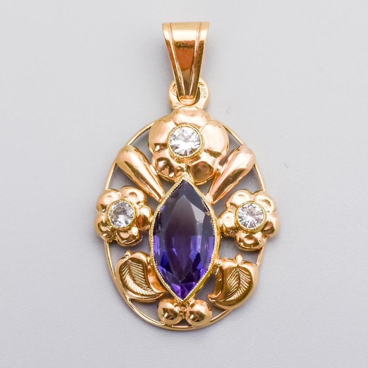 14K Gold Amethyst & CZ Pendant