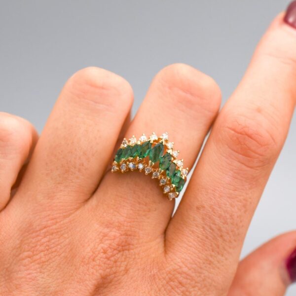 14K Gold Emerald and Diamond Chevron Ring