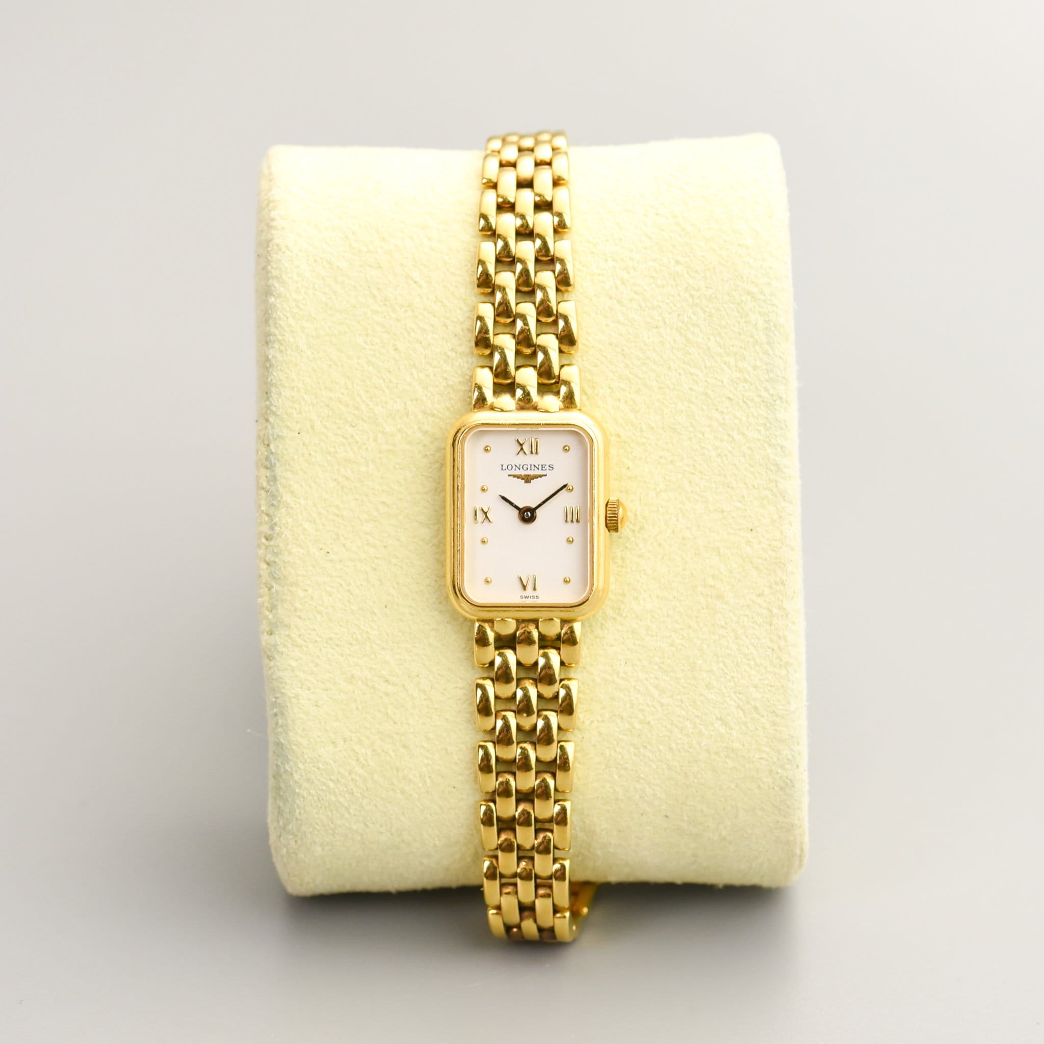 Ladies' Longines 18k Gold Rectangle Face Watch with Roman Numerals