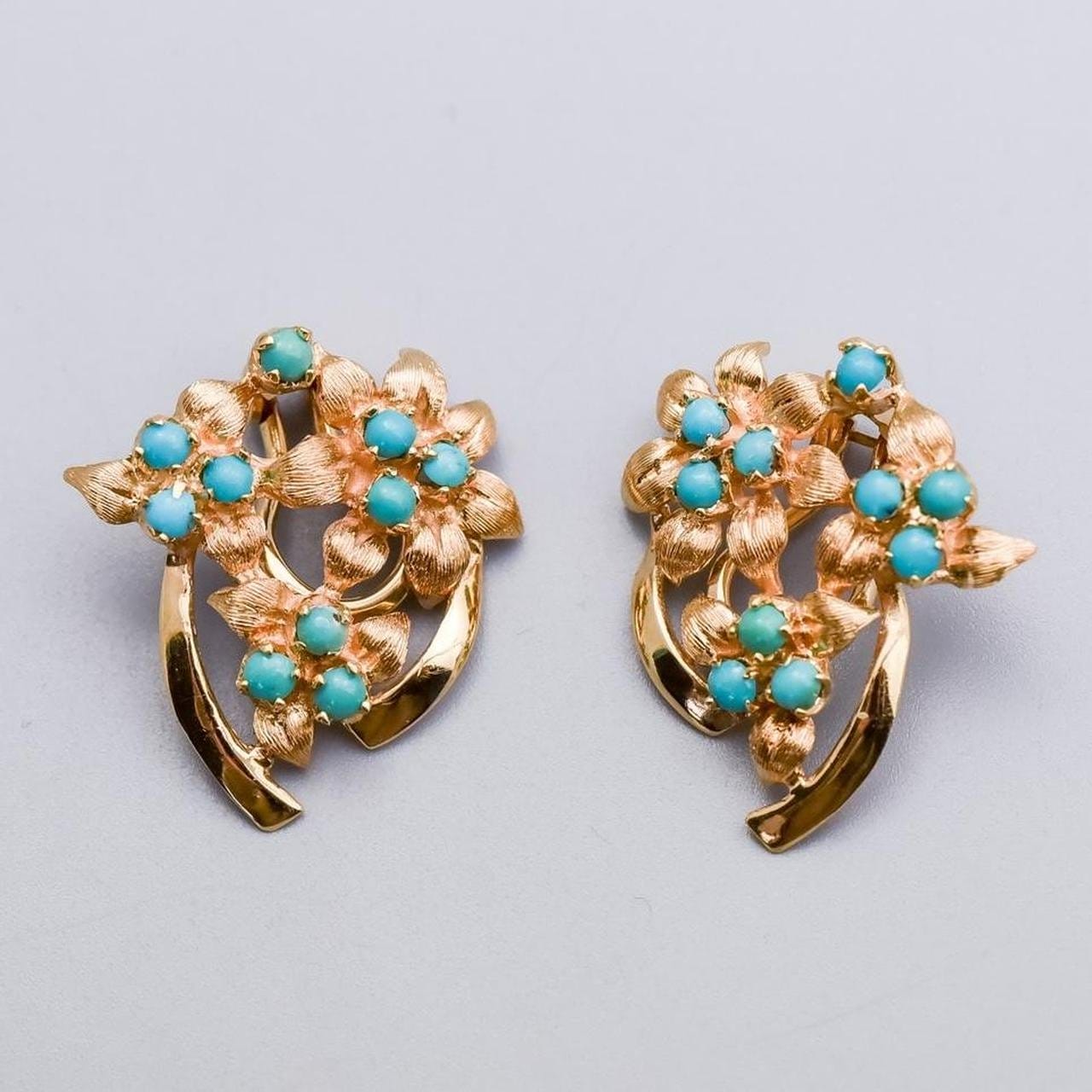 14K Gold Turquoise Flower Earrings