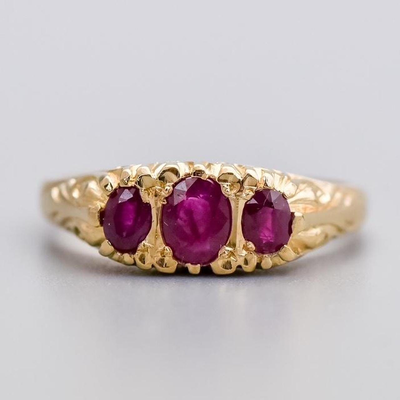 9K Gold Three Stone Ruby Ring