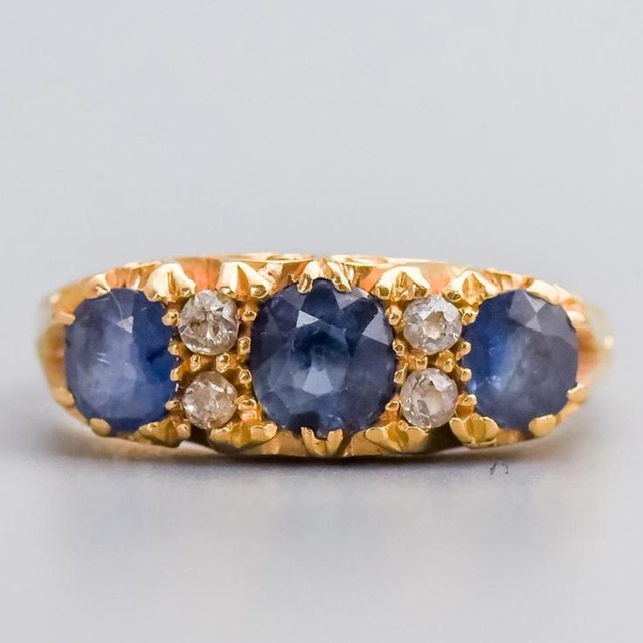 18K Gold Antique Sapphire & Diamond Carved Half Hoop Ring