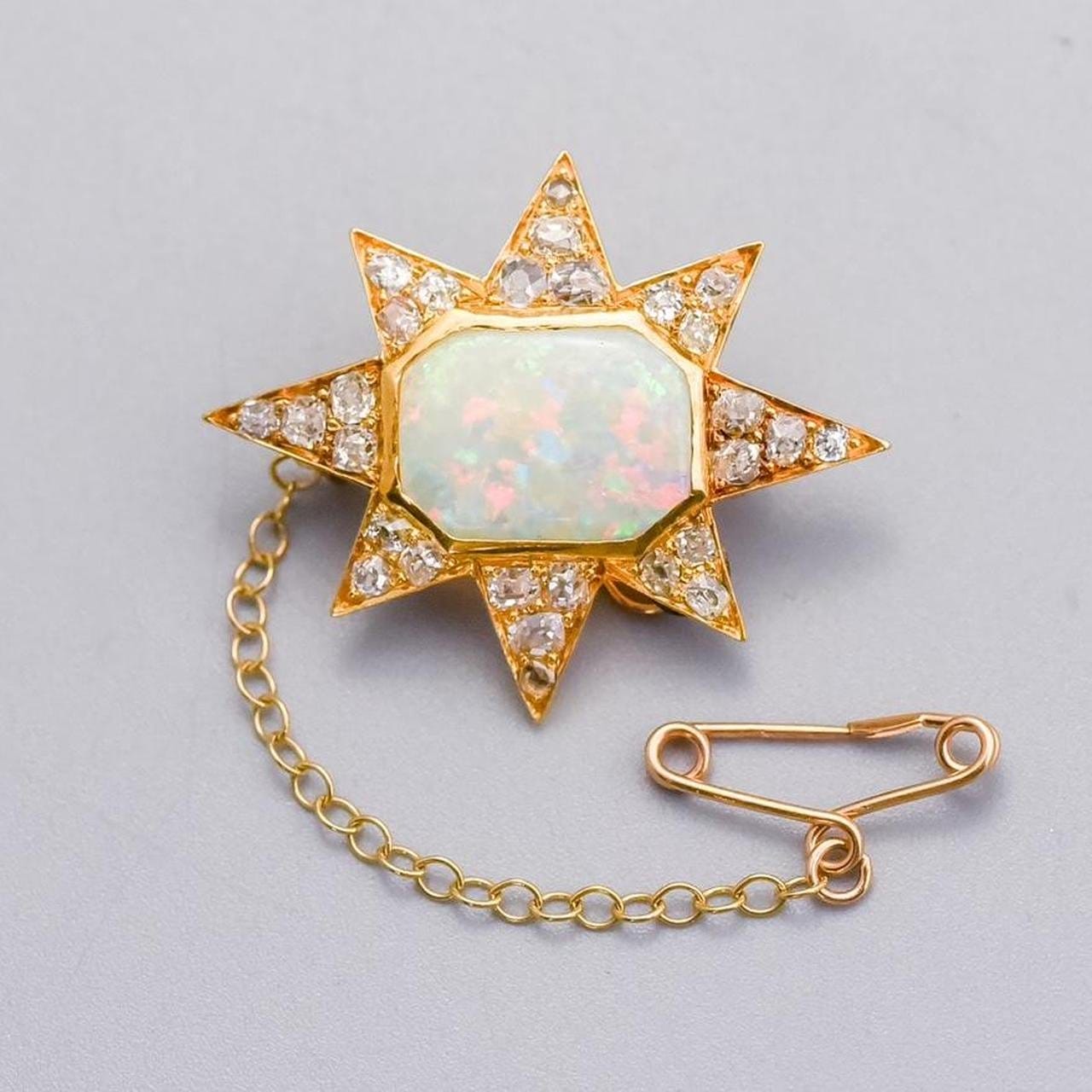 18K Gold Victorian Opal and Diamond Star Brooch
