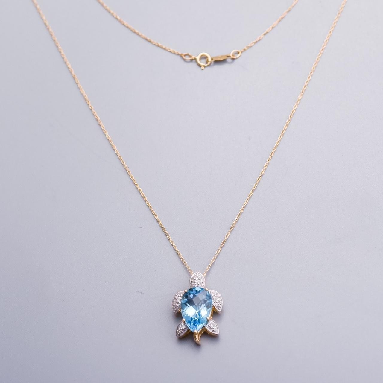 14K Gold Blue Topaz Turtle Necklace