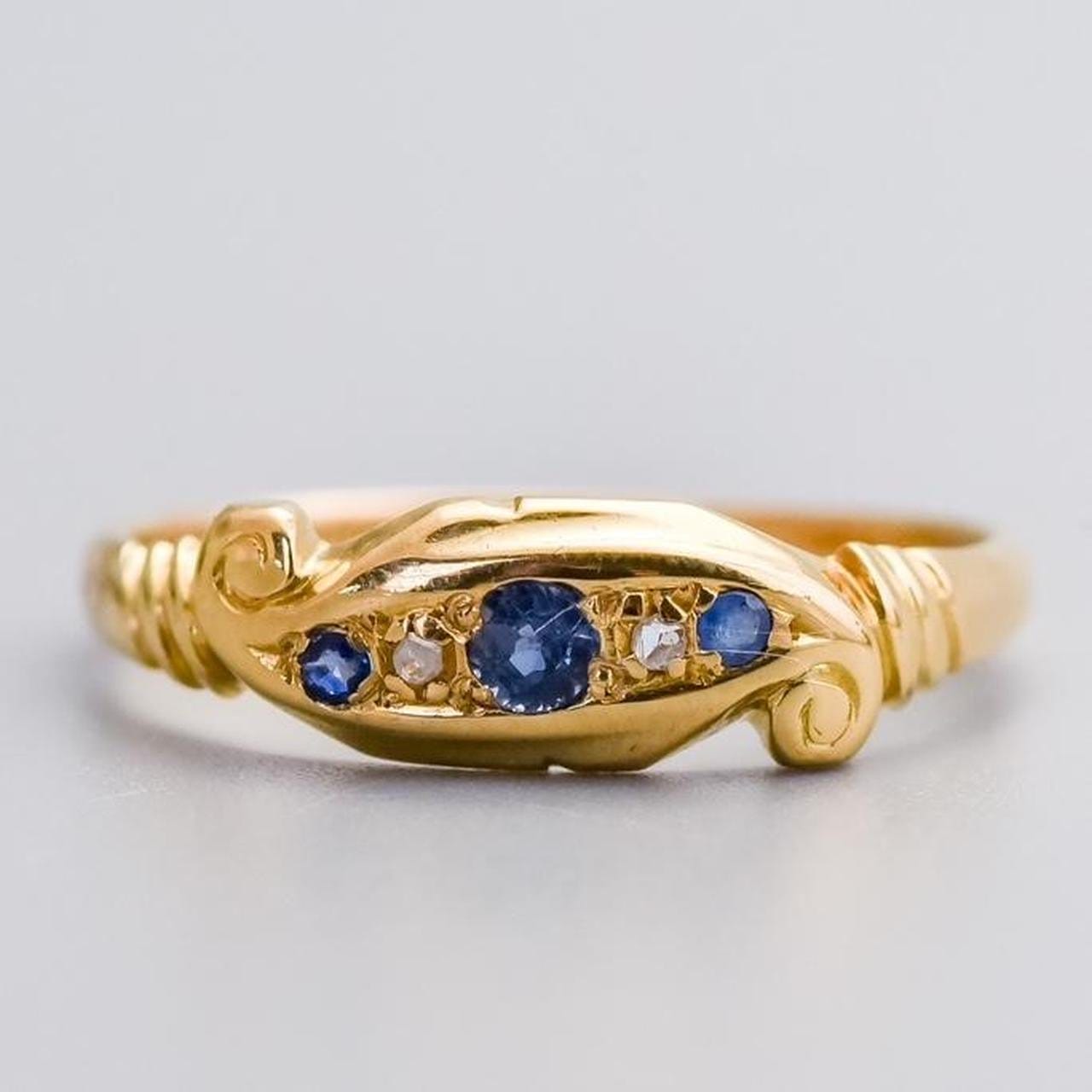 18K Gold Antique Sapphire & Diamond Boat Ring