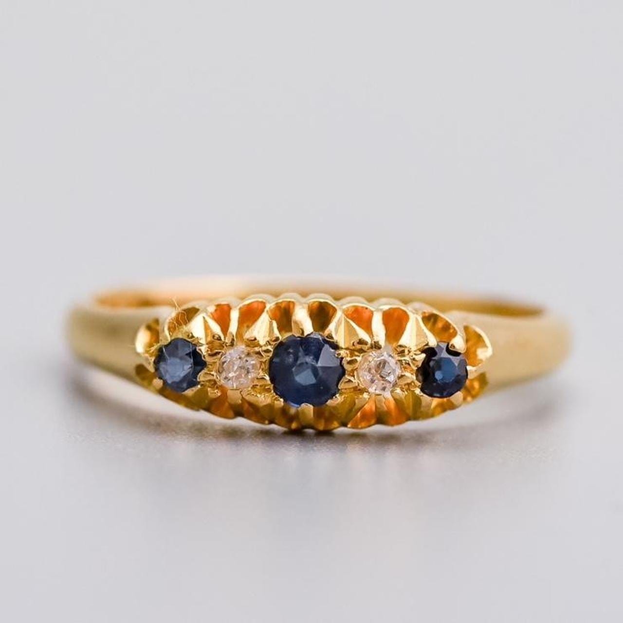 18K Gold Antique Sapphire and Diamond Boat Ring