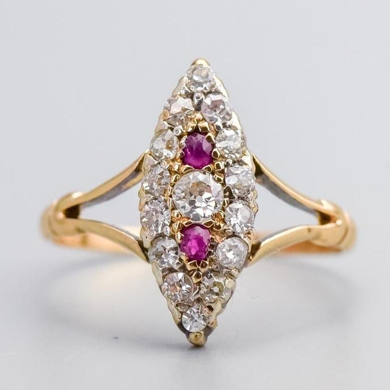 18K Gold Victorian Ruby & Diamond Navette Ring
