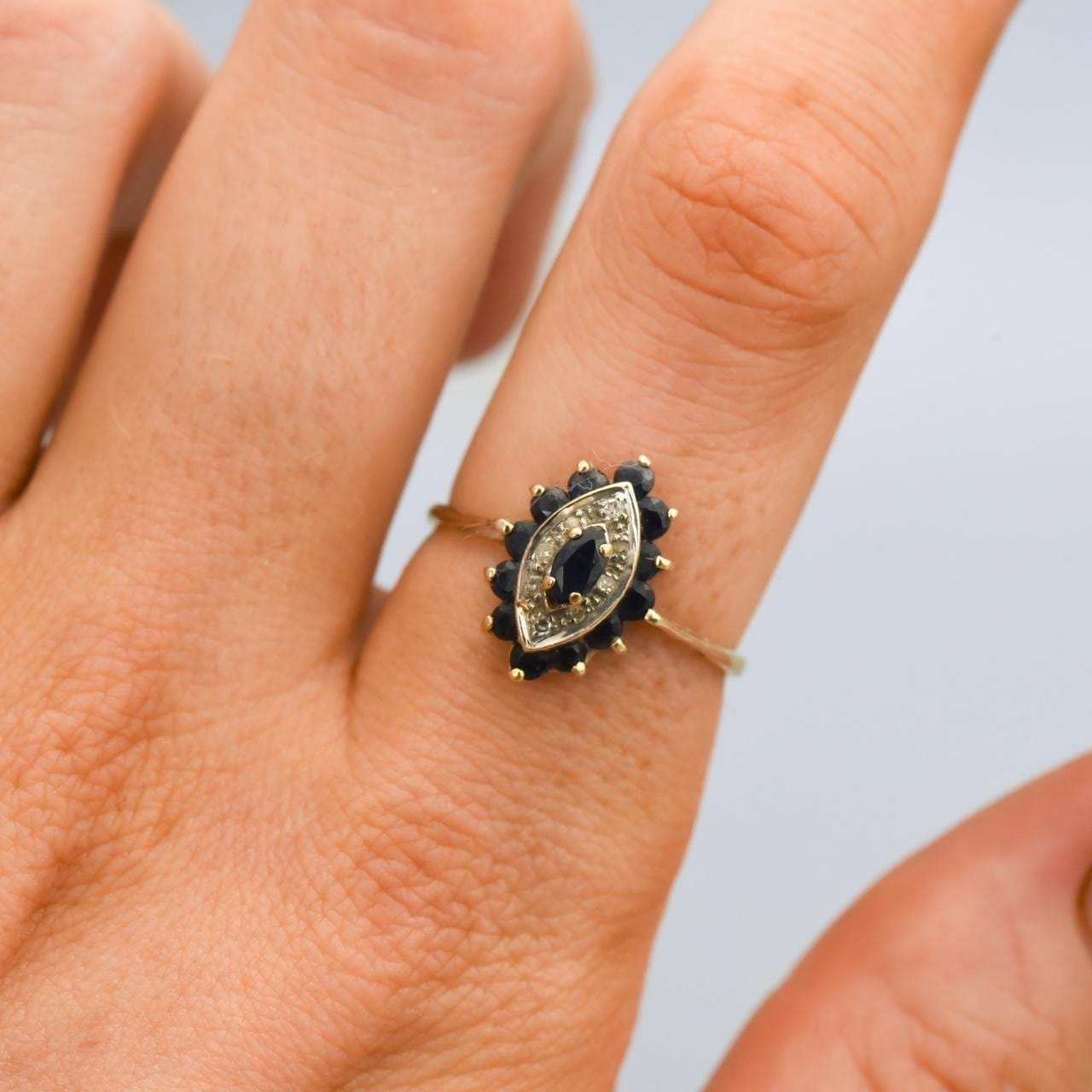 9K Gold Sapphire & Diamond Marquise Ring