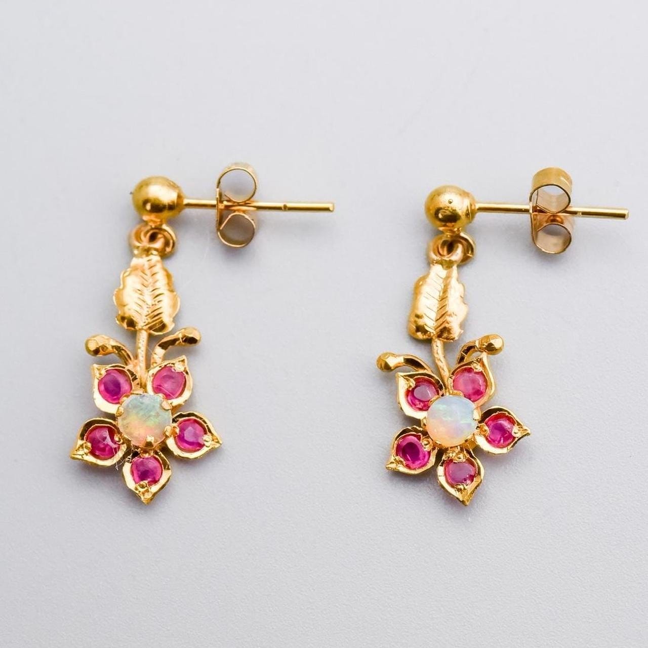 9K & 22K Gold Ruby & Opal Dangly Earrings