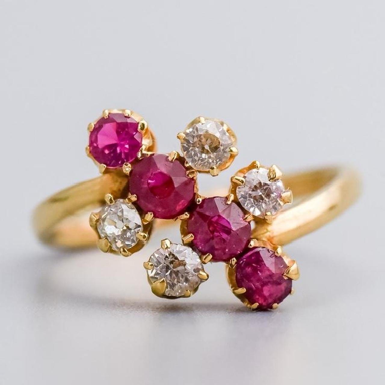18K Gold Antique Ruby & Diamond Cluster Ring