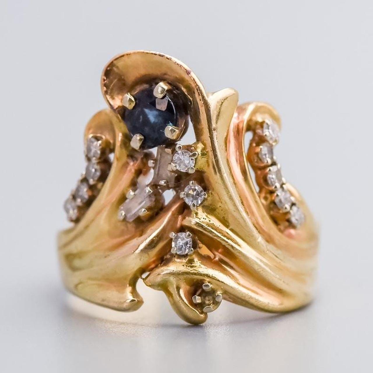 14K Gold Sapphire & Diamond Swirl Ring