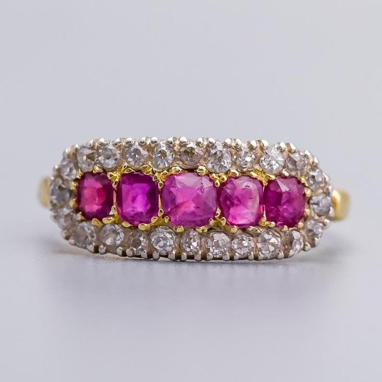 18K Gold Antique Five Stone Ruby Ring