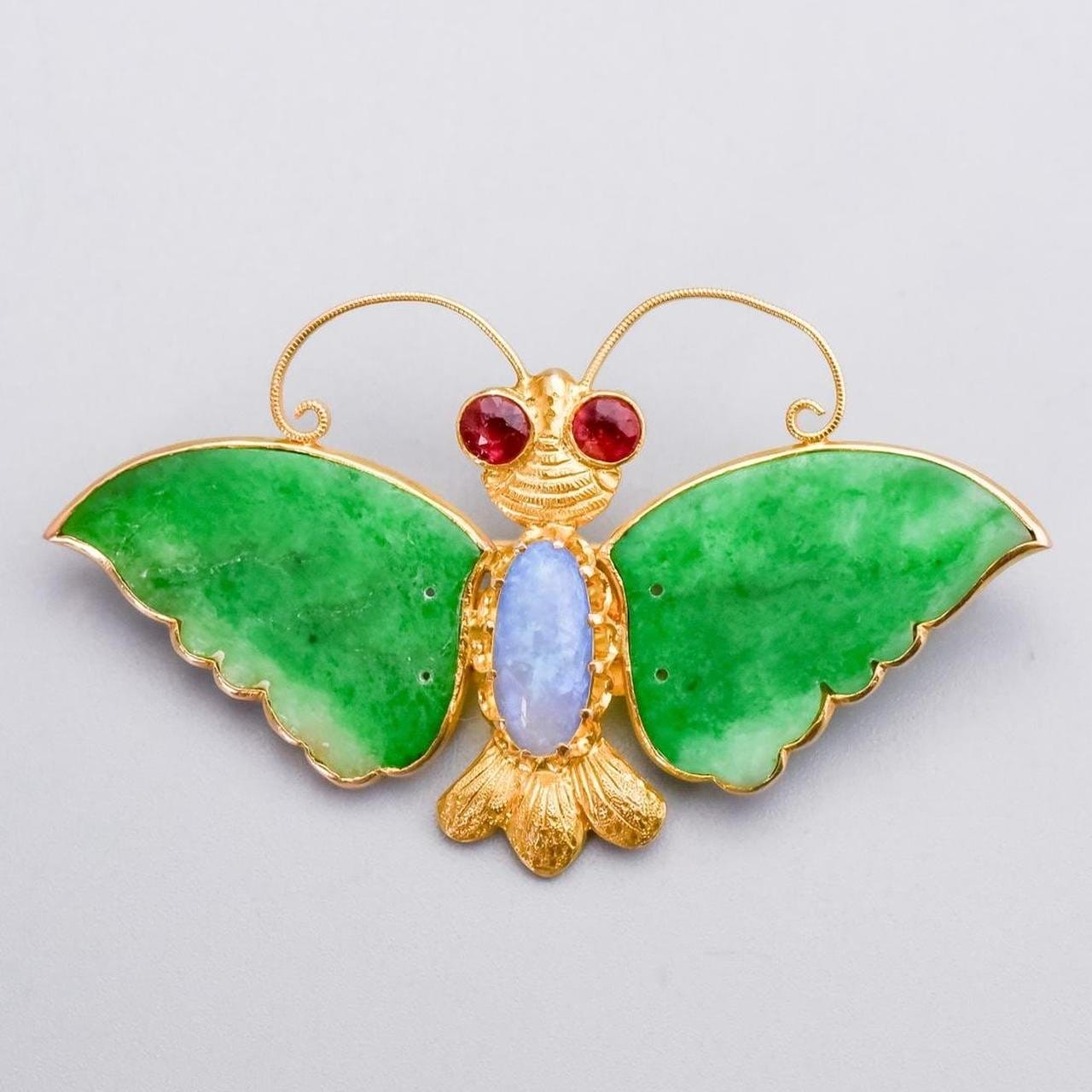 18K Gold Antique Jade, Garnet & Opal Butterfly Brooch