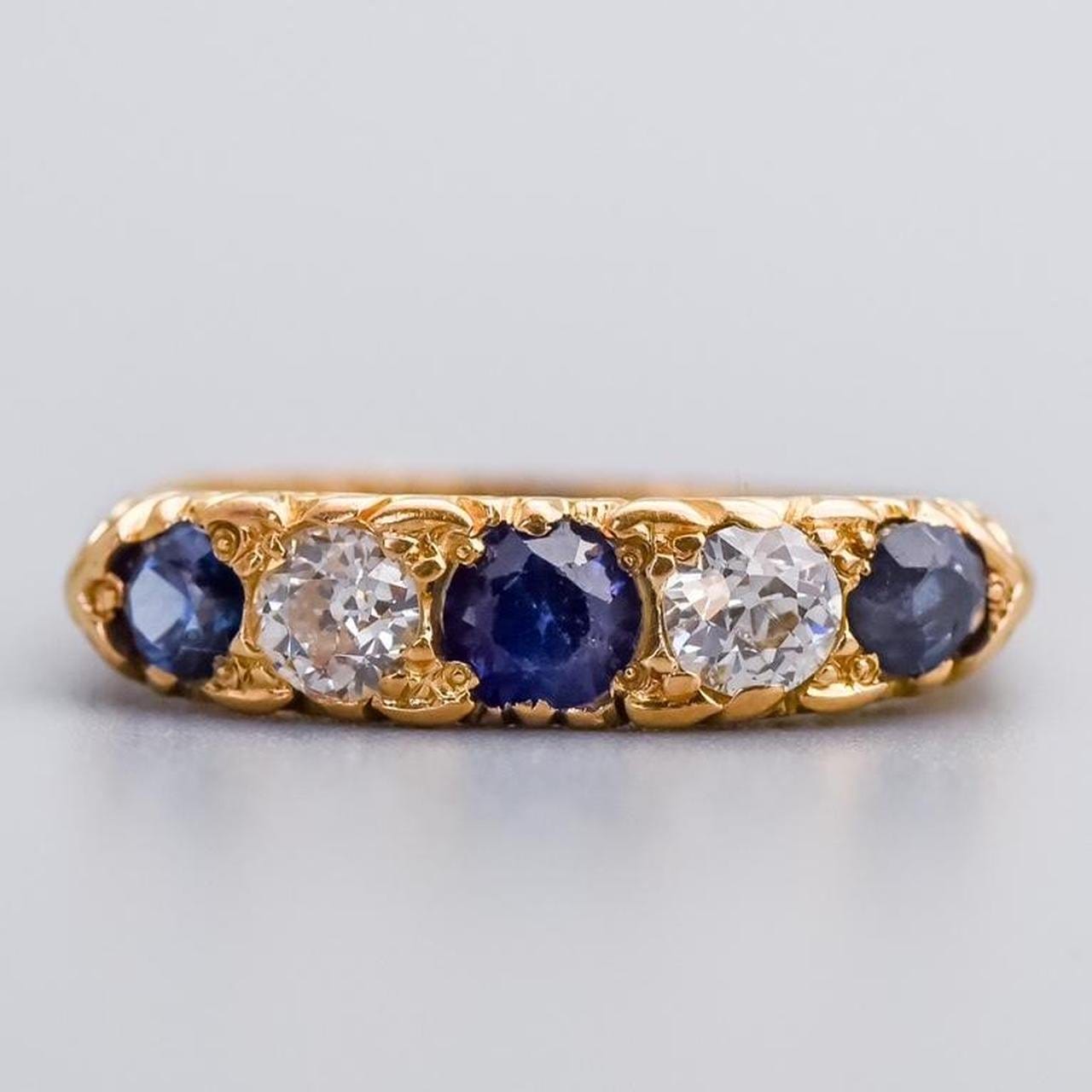 18K Gold Antique Sapphire & Diamond Carved Half Hoop Ring