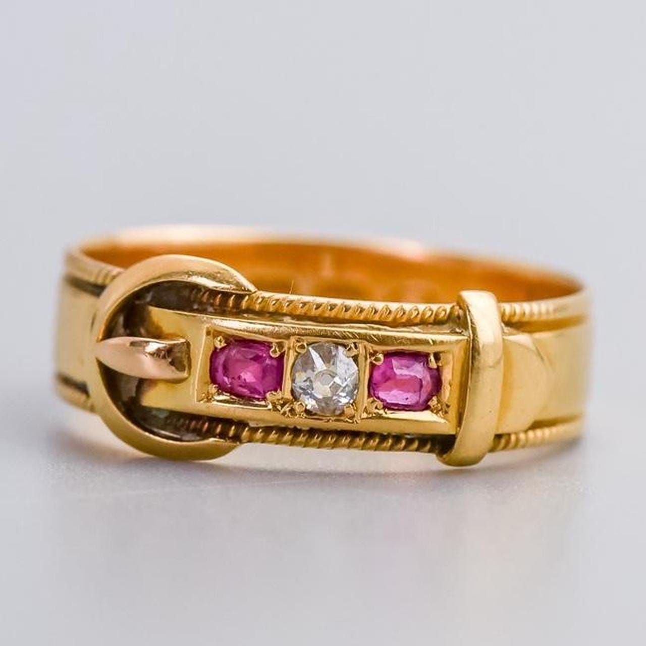8K Gold Victorian Ruby & Diamond Buckle Ring