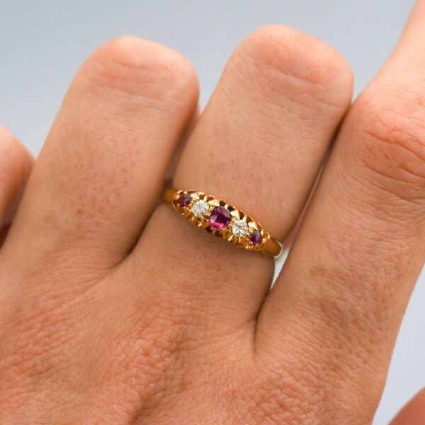 18K Gold Antique Five Stone Ruby & Diamond Ring