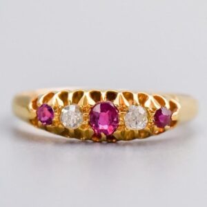 18K Gold Antique Five Stone Ruby & Diamond Ring