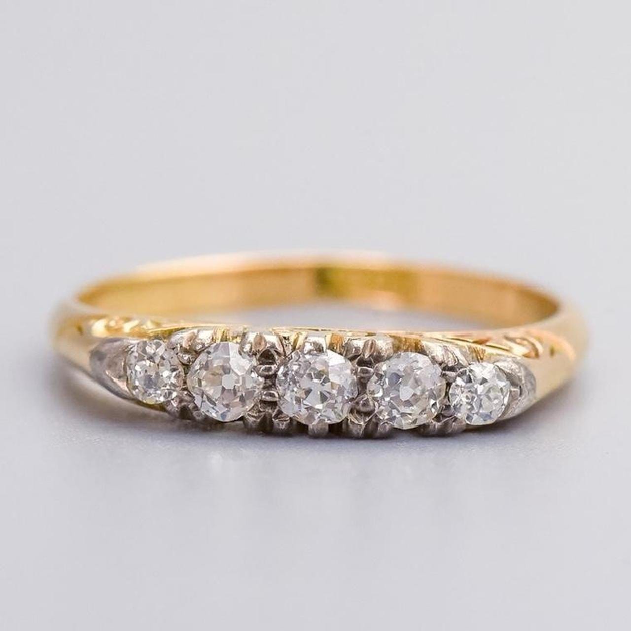 18K Gold Antique Five Stone Diamond Carved Half Hoop Ring