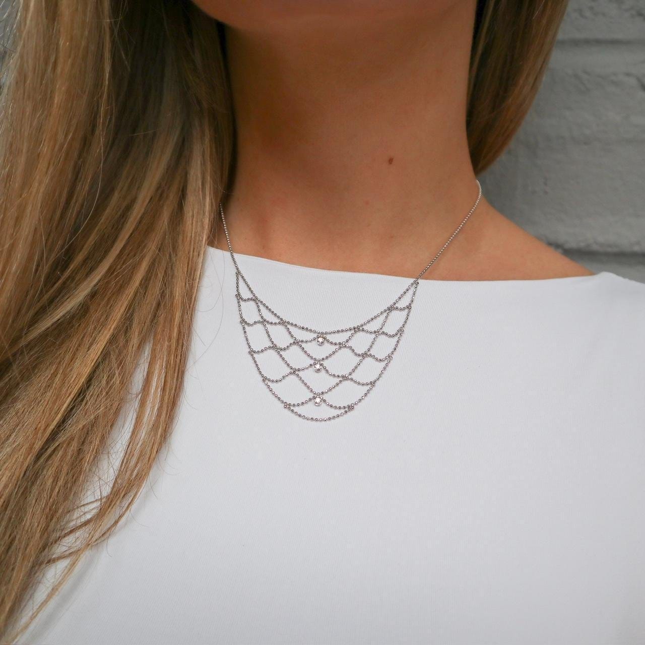 9K White Gold Fancy Ball Chain Mesh Necklace