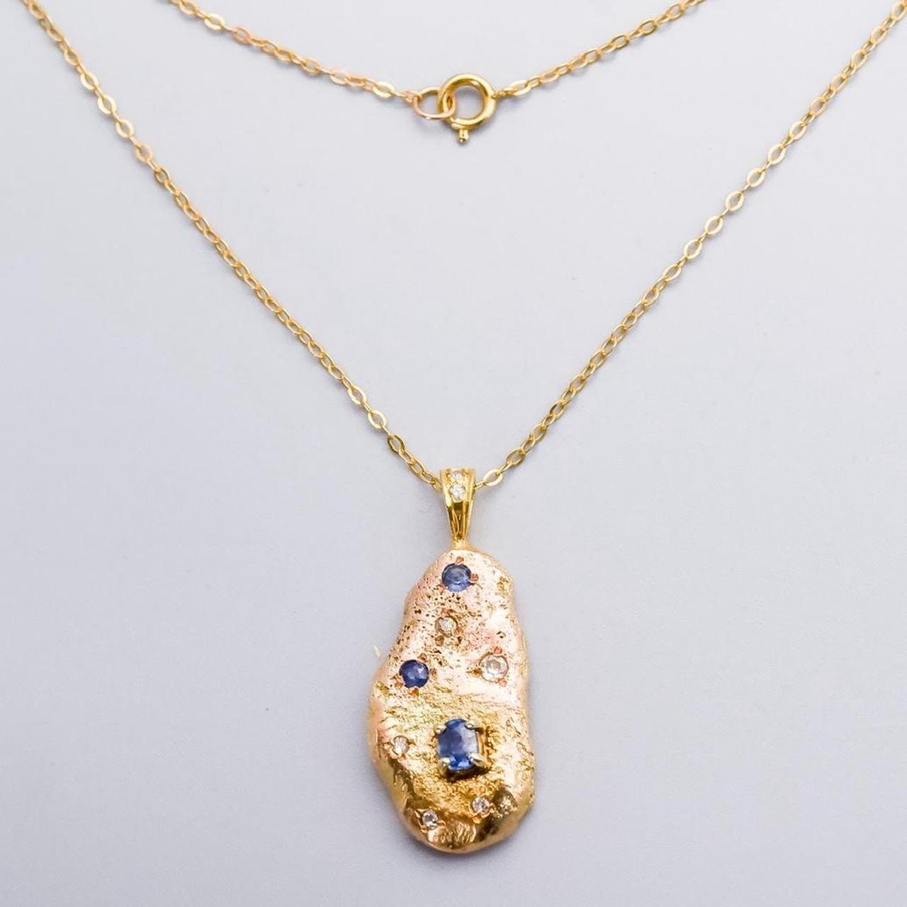 9K Gold Sapphire & Diamond Nugget Pendant Necklace