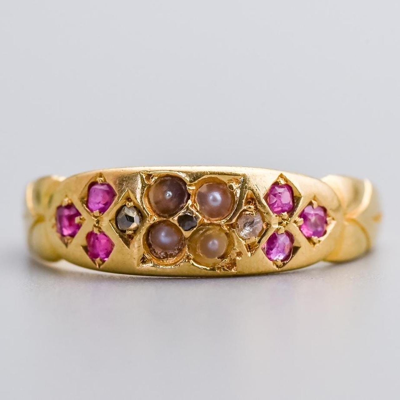 18K Gold Victorian Seed Pearl & Ruby Gypsy Ring