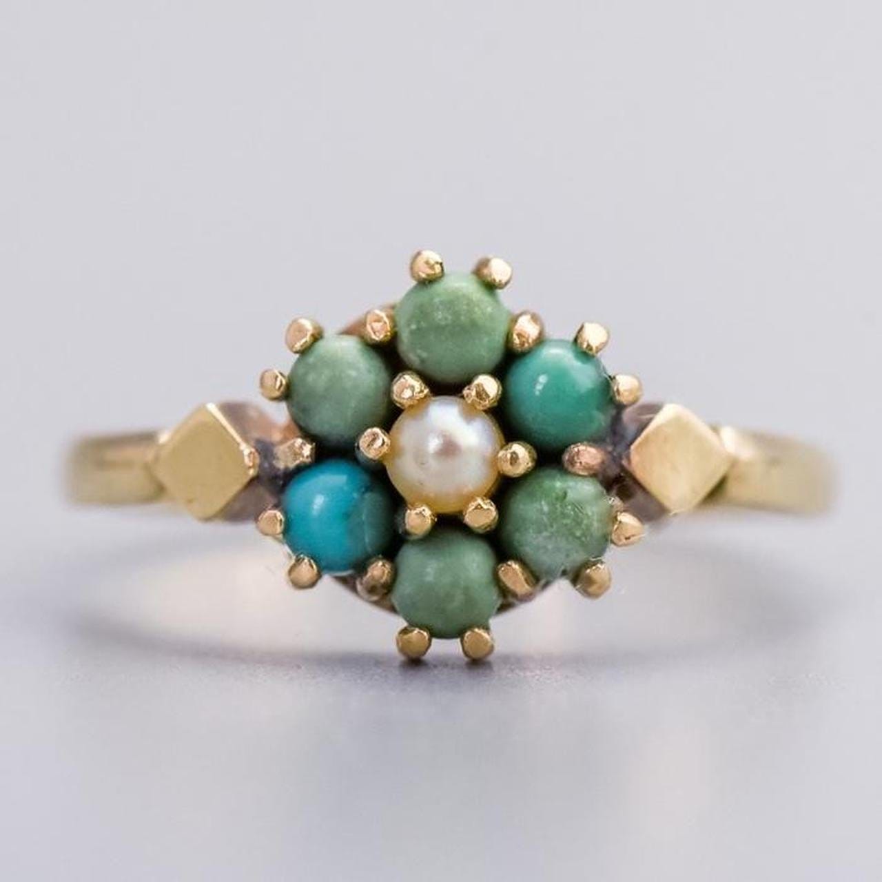 9K Gold Turquoise & Pearl Cluster Ring