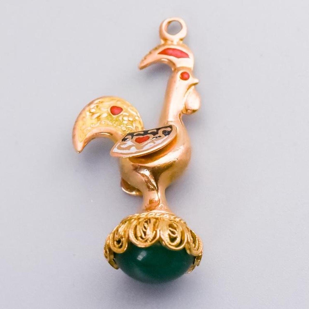 14K Gold Green Onyx & Enamel Rooster Pendant