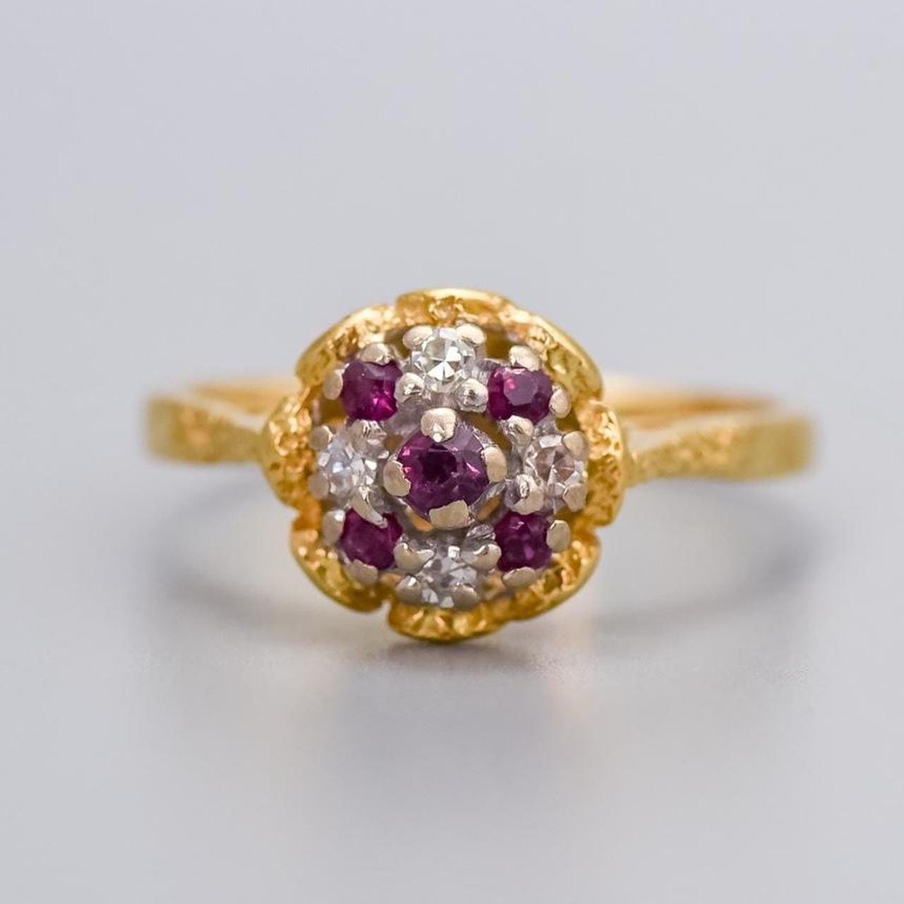 18K Gold Antique Ruby and Diamond Cluster Ring