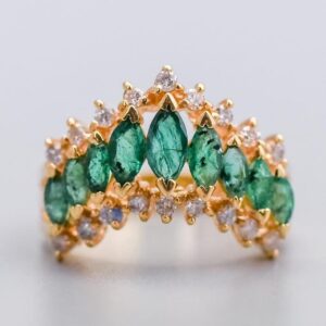14K Gold Emerald and Diamond Chevron Ring