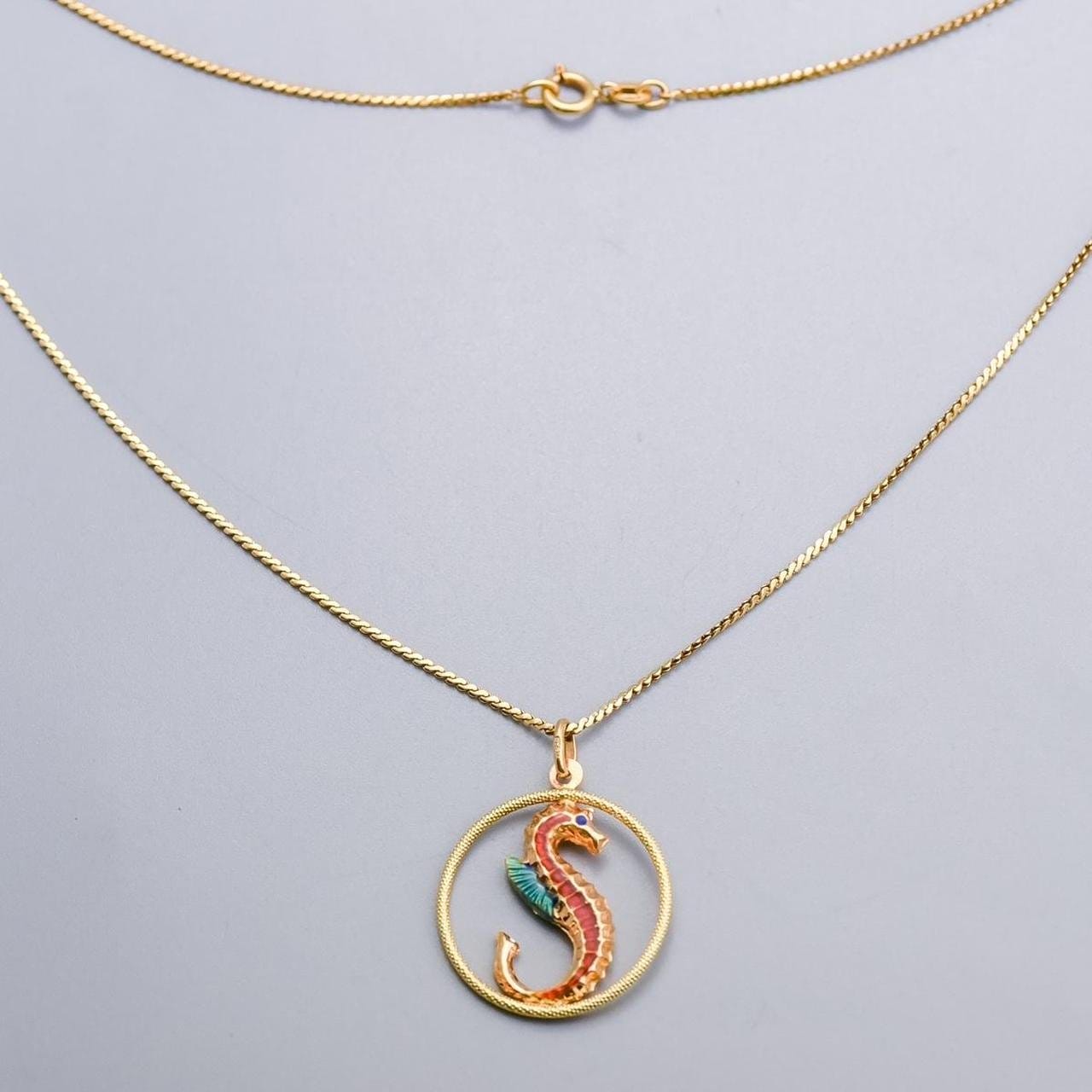 18K Gold Enamel Seahorse Pendant Necklace