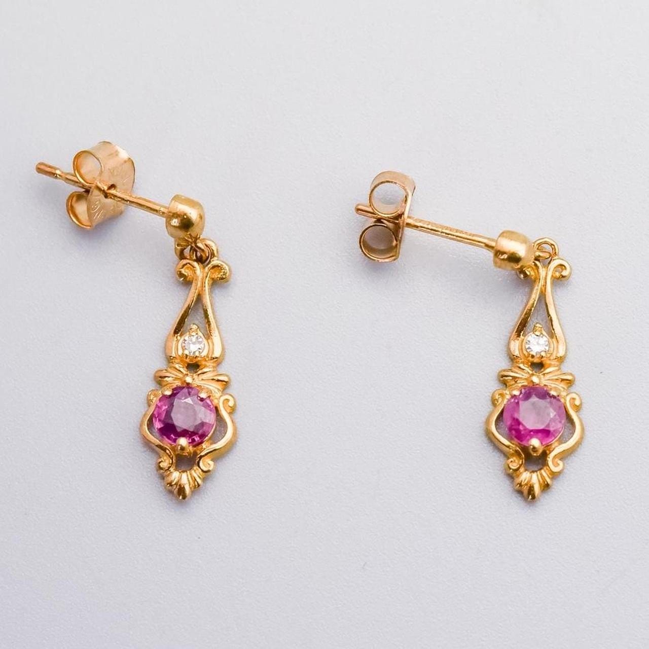 9K Gold Ruby & Diamond Dangly Earrings