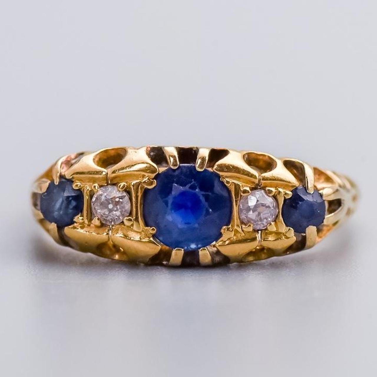 18K Gold Antique Sapphire & Diamond Boat Ring